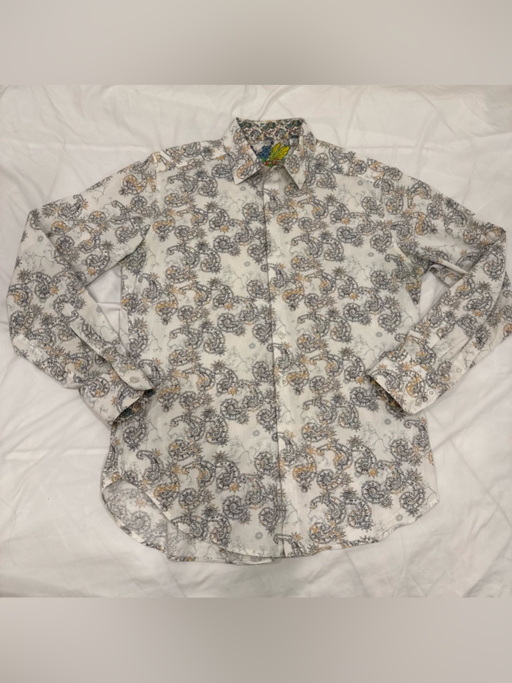 Robert Graham Paisley Button Down Shirt Small White Blue Gold Maximalist Preppy